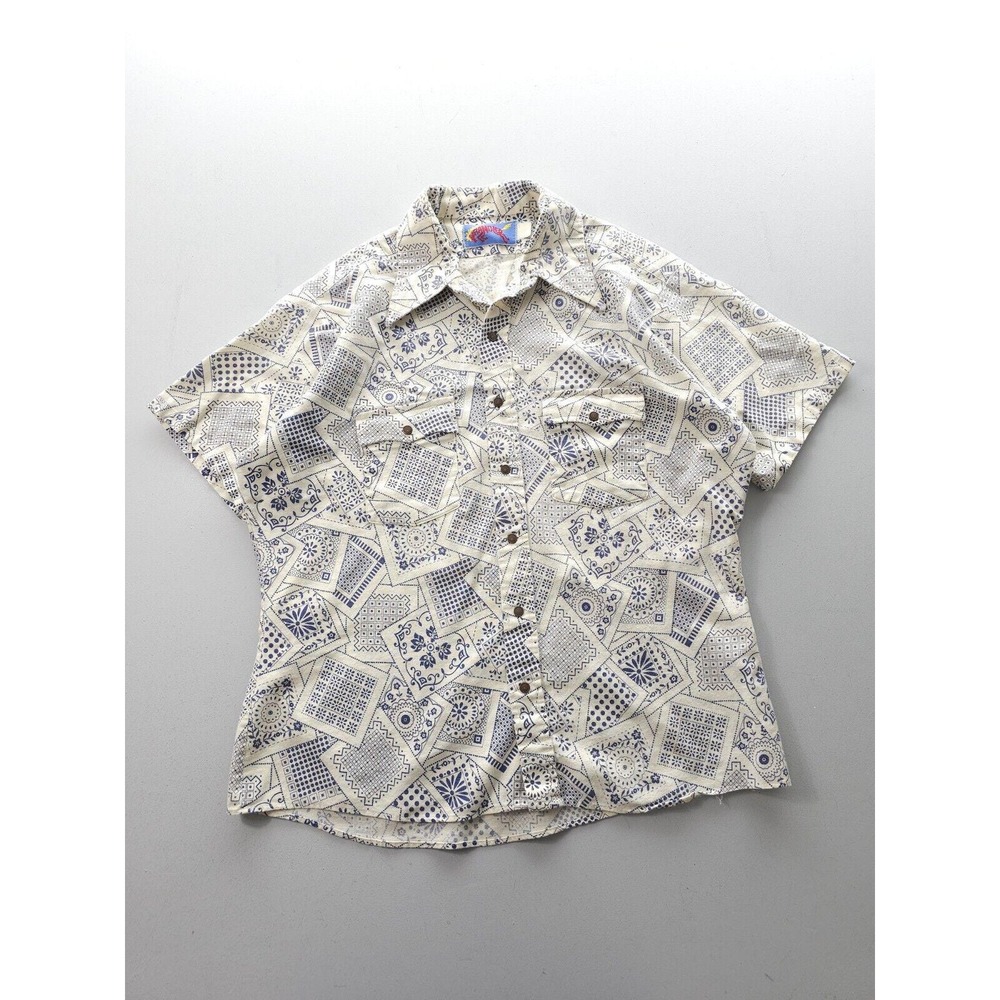 Vintage 1970s Wrangler Western Pearl Snap Shirt Blue White Handkerchief Print XL